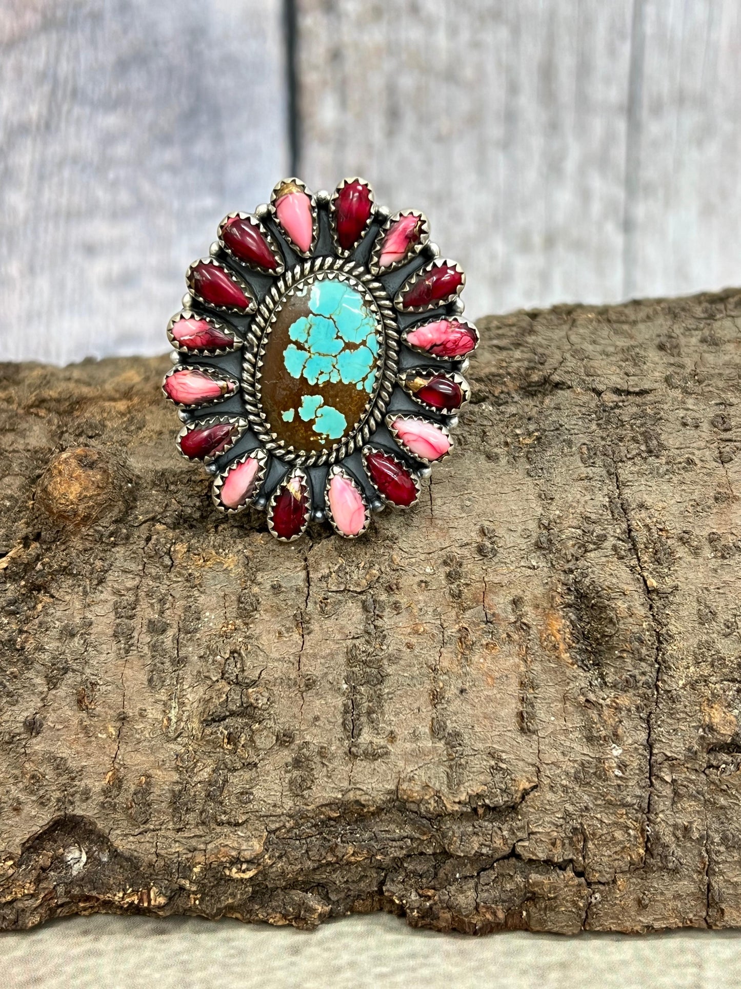 Handmade Sterling Silver Number 8 with Dahlia Rose Adjustable Ring with Signed Nizhoni
