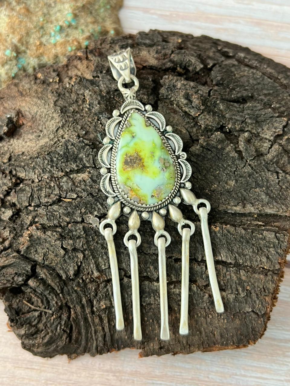 Handmade Sterling Silver Palomino Turquoise Pendant with Signed Nizhoni
