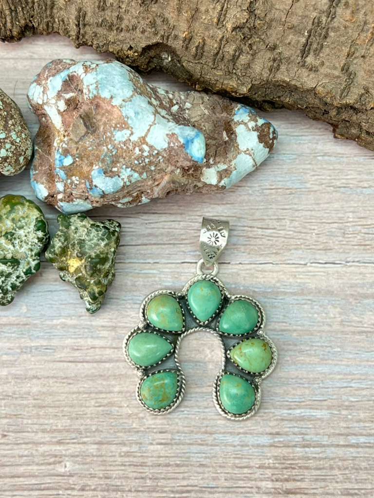 Handmade Sterling Silver Old Stock Royston Turquoise Naja Pendant with Signed Nizhoni