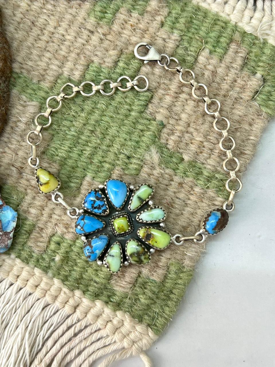 Handmade Sterling Silver Palomino with Golden Hills Turquoise Chain Bracelet "Signed Nizhoni"