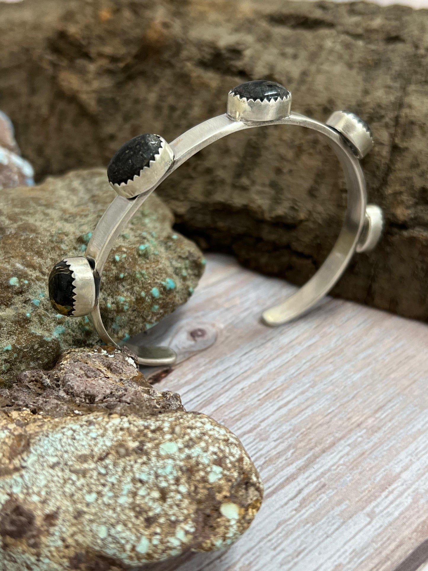 Handmade Sterling Silver Black Jack Cuff Bracelet with Signed Nizhoni