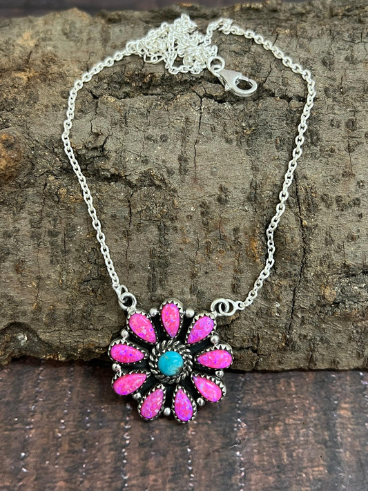 Handmade Sterling Silver Hot Pink with Kingman Turquoise Necklace, Signed Nizhoni