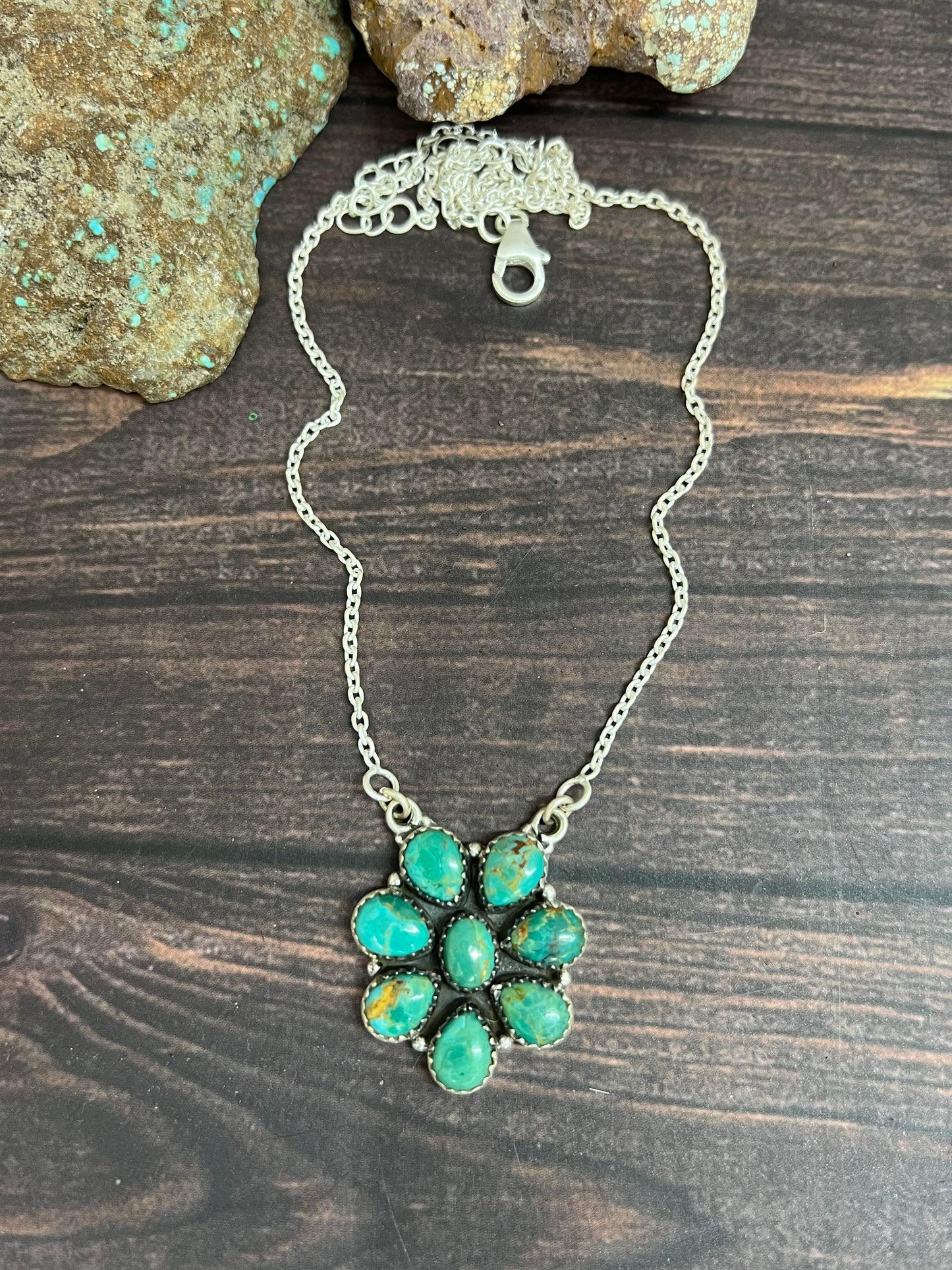 Handmade Sterling Silver Kingman Turquoise Necklace with Signed Nizhoni
