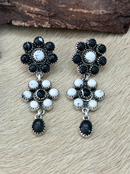 Handmade Sterling Silver White Buffalo Post Dangle Earrings "Signed Nizhoni" (6)