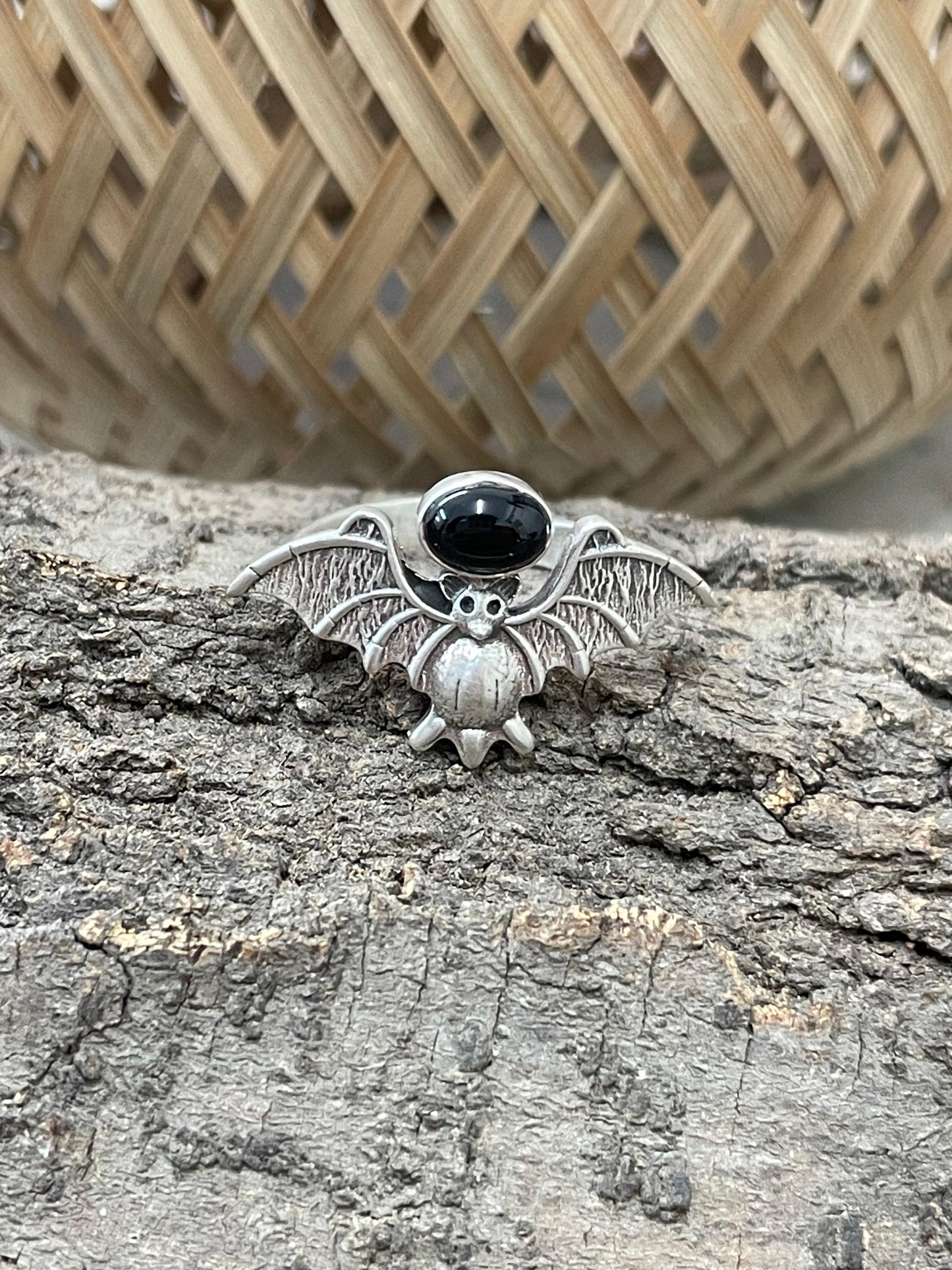 "Halloween Collection" Handmade Sterling Silver Black Onyx Bat Ring with Signed Nizhoni