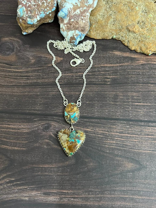 Handmade Sterling Silver Royston Turquoise Heart Necklace with Signed Nizhoni