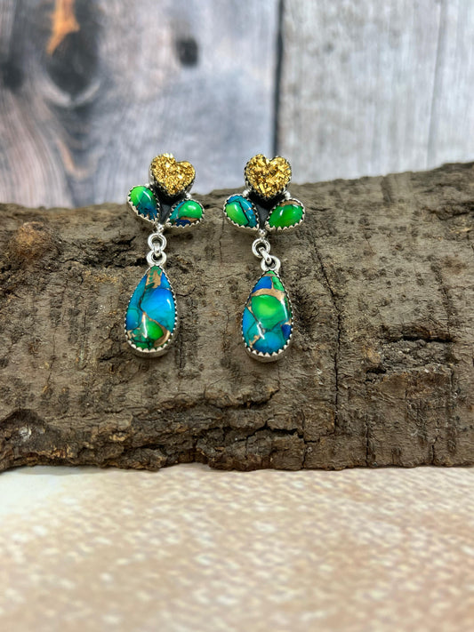 Handmade Sterling Silver Peacock Dahlia with Druzy Dangle Earrings with Signed Nizhoni
