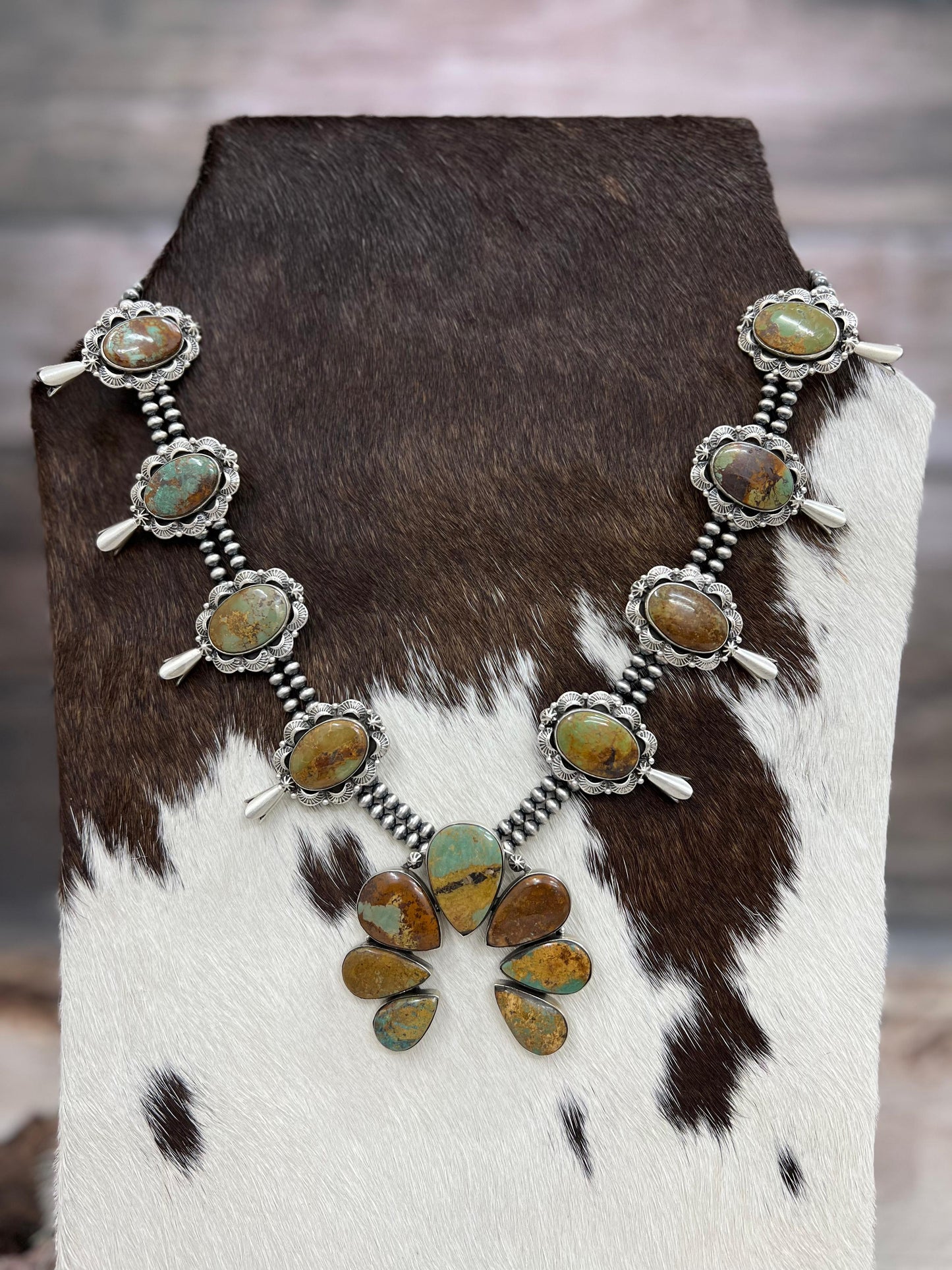 Handmade Sterling Silver Old Stock Royston Turquoise Beaded Squash Blossom Necklace Signed Nizhoni