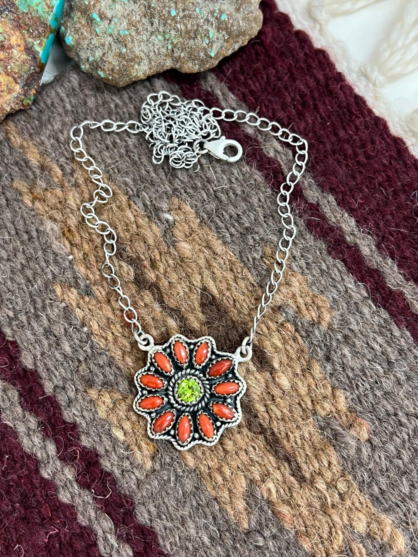 Christmas Collection Handmade Sterling Silver Coral with Peridot Necklace with Signed Nizhoni