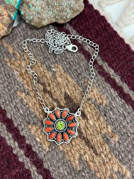 Christmas Collection Handmade Sterling Silver Coral with Peridot Necklace with Signed Nizhoni