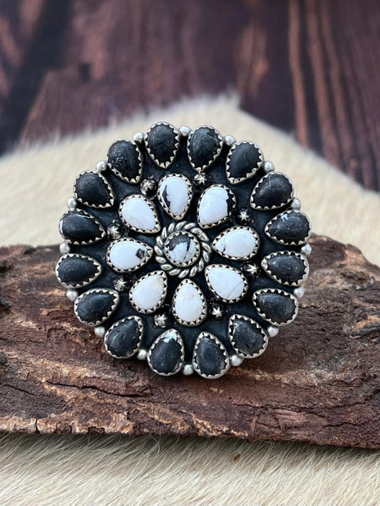 Handmade Sterling Silver White Buffalo Adjustable Ring "Signed Nizhoni"