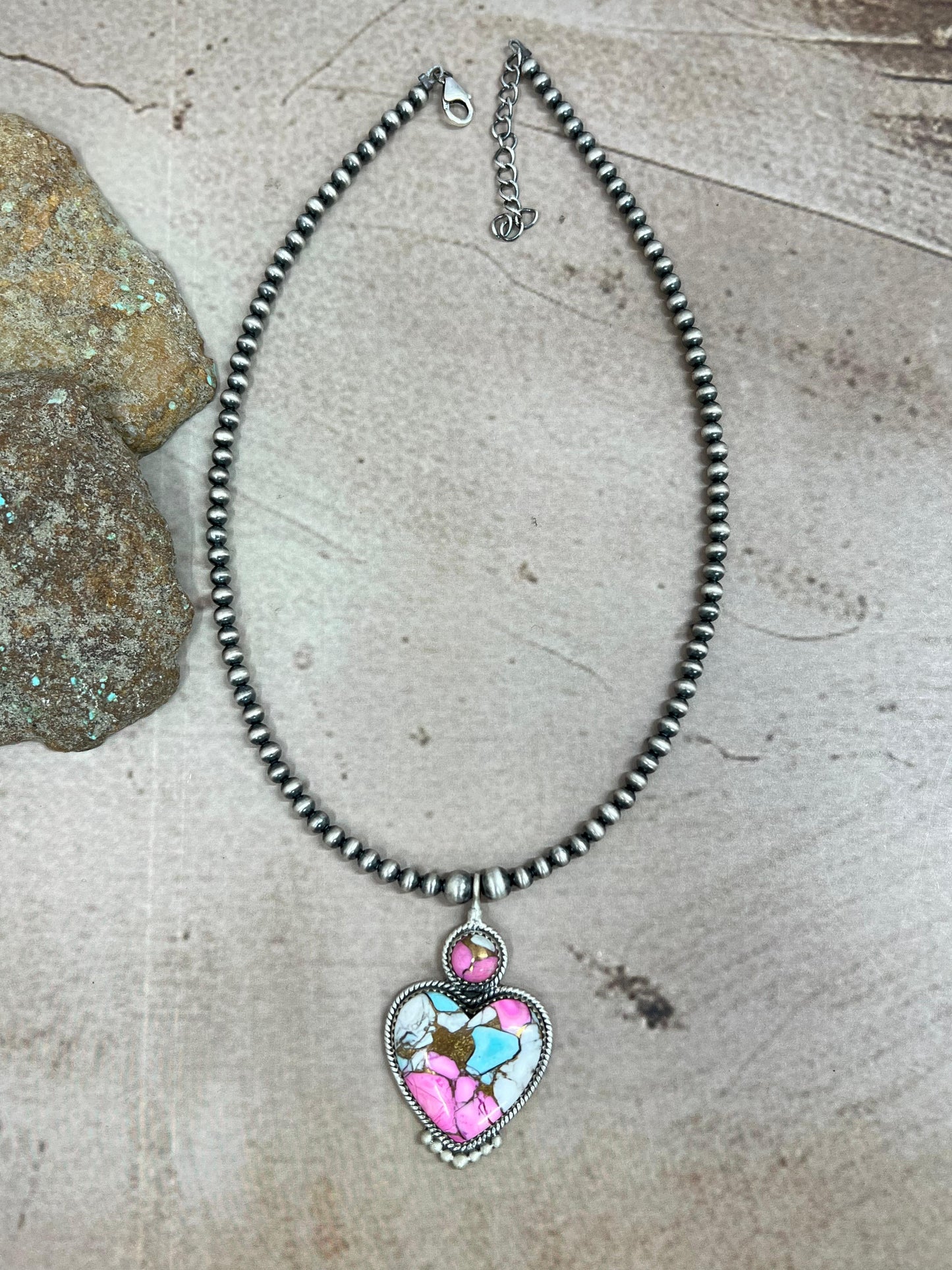 Handmade Sterling Silver Cotton Candy Turquoise Heart Necklace with Signed Nizhoni