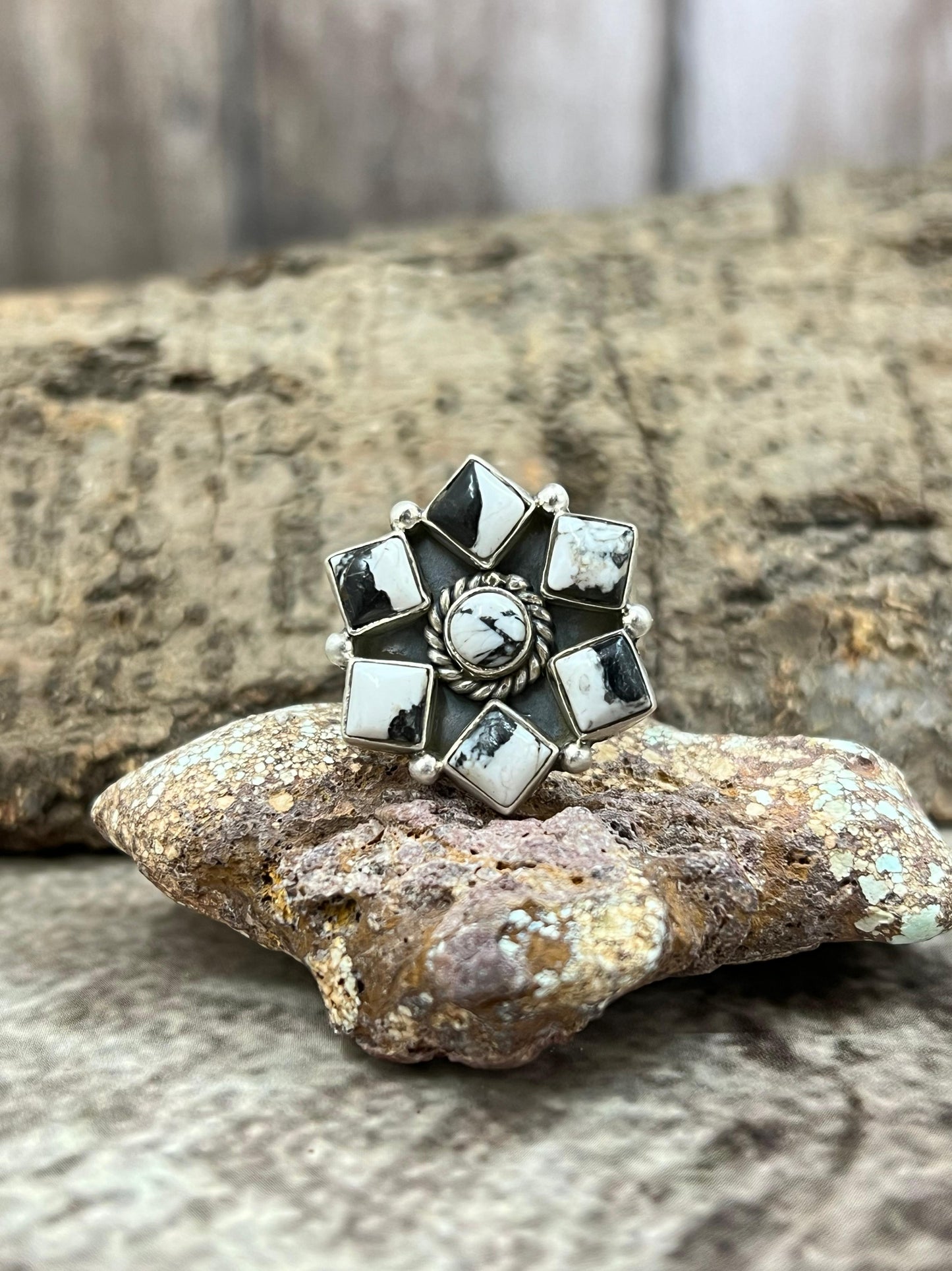 Handmade Sterling Silver White Buffalo Turquoise Adjustable Ring with Signed Nizhoni