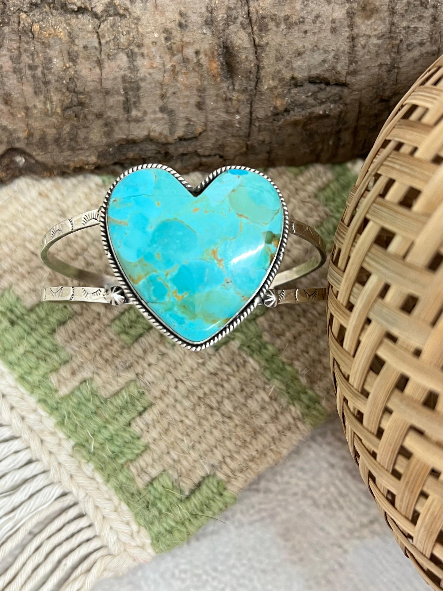 Handmade Sterling Silver Kingman Turquoise Heart Bracelet with Signed Nizhoni