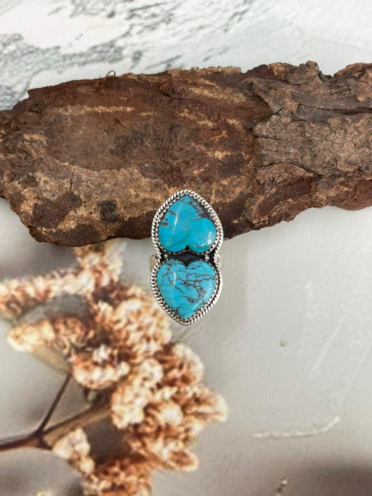 Handmade Sterling Silver Arizona Turquoise Heart Adjustable Ring "Signed Nizhoni"