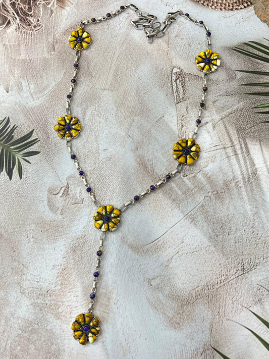 Handmade Sterling Silver Grape Dahlia, Honey Dahlia Necklace with Signed Nizhoni