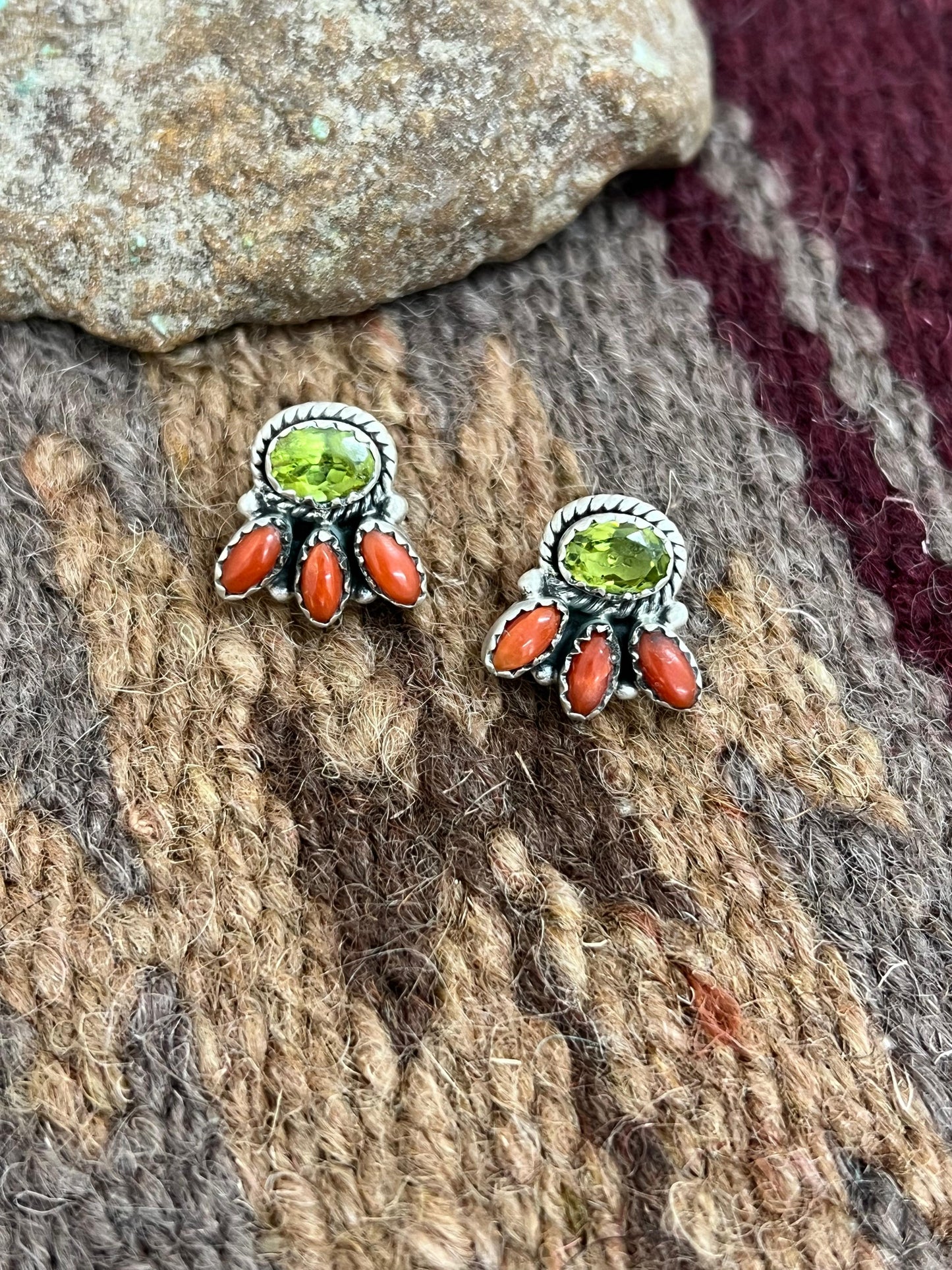 Christmas Collection Handmade Sterling Silver Coral with Peridot Post Studs, Signed Nizhoni