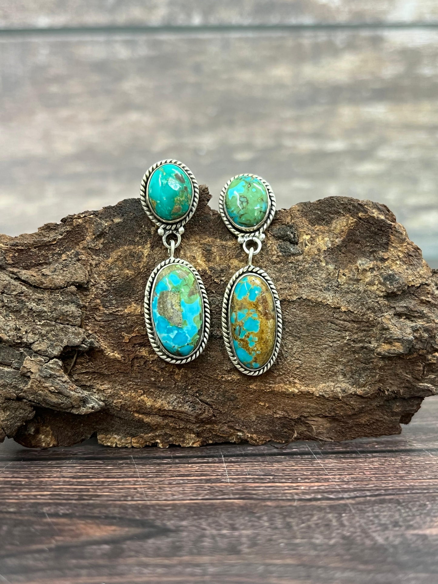 Handmade Sterling Silver South Hill Turquoise Post Dangle Earrings with Signed Nizhoni