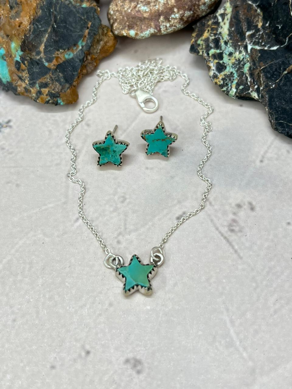 Handmade Sterling Silver Kingman Turquoise Necklace Earrings Set "Signed Nizhoni"