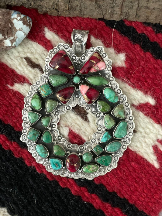 Handmade Sterling Silver Dahlia Rose with Emerald Valley Turquoise Pendant "Signed Nizhoni"