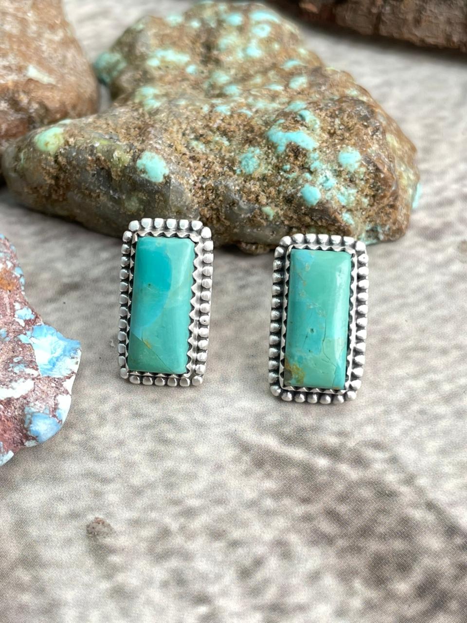 Handmade Sterling Silver Kingman Turquoise Post Studs with Signed Nizhoni