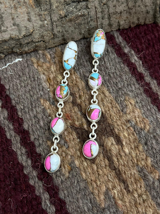 Handmade Sterling Silver Cotton Candy Turquoise Post Dangle Earrings with Signed Nizhoni