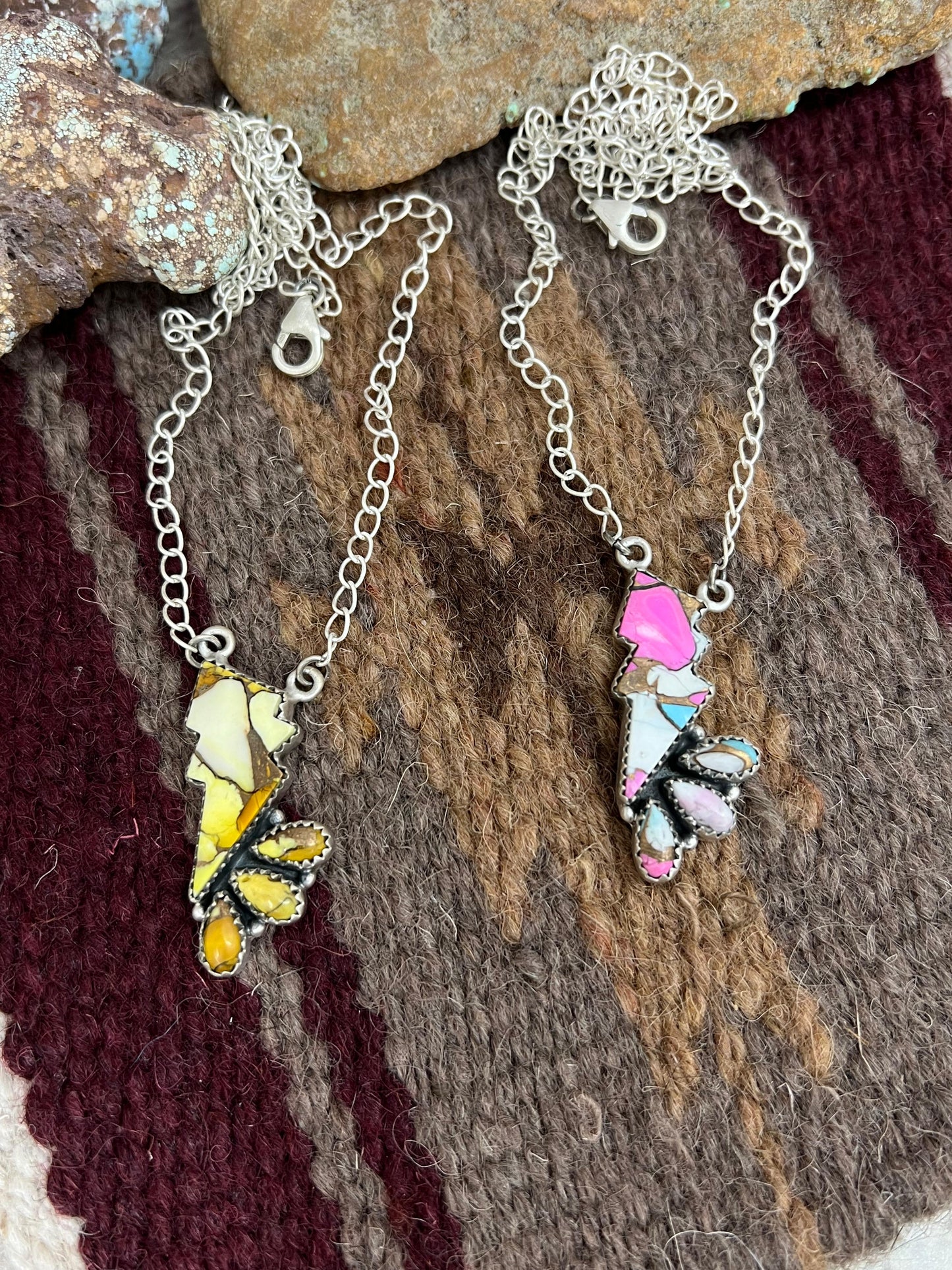 Handmade Sterling Silver Multi Gemstone Lightening Bolt Necklace with Signed Nizhoni