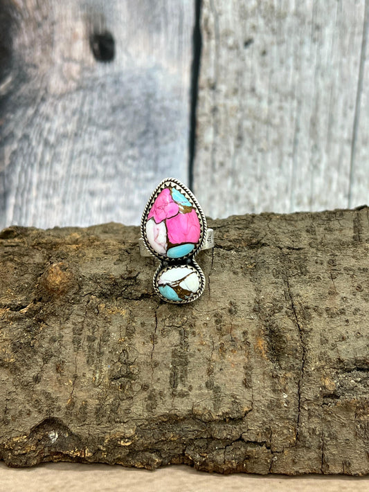 Handmade Sterling Silver Cotton Candy Turquoise Adjustable Rings with Signed Nizhoni