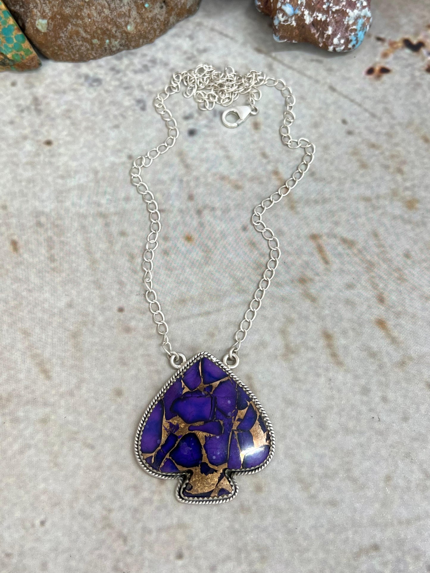 Handmade Sterling Silver Grape Dahlia Spade Necklace with Signed Nizhoni