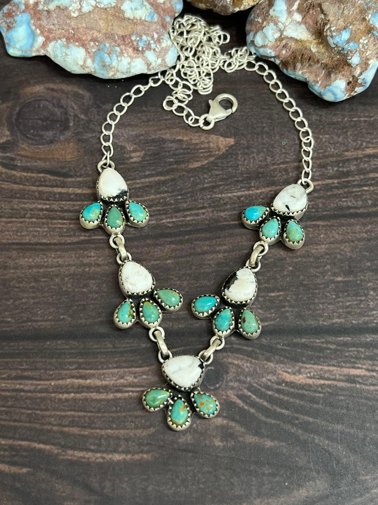 Handmade Sterling Silver Kingman with White Buffalo Necklace with Signed Nizhoni