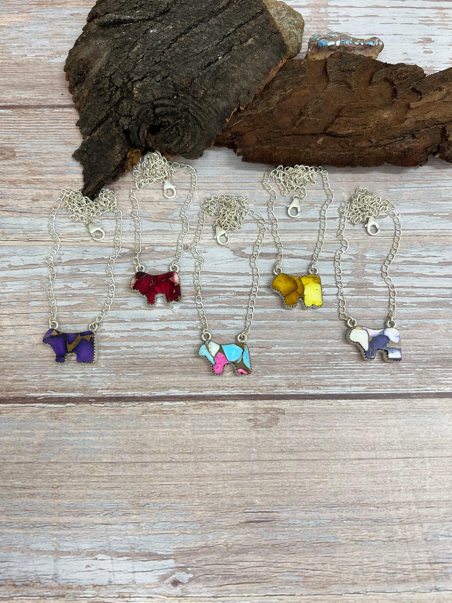 Handmade Sterling Silver Multi Stone Bull Necklace Signed Nizhoni
