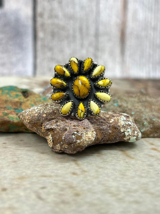 Handmade Sterling Silver Honey Dahlia Adjustable Ring with Signed Nizhoni