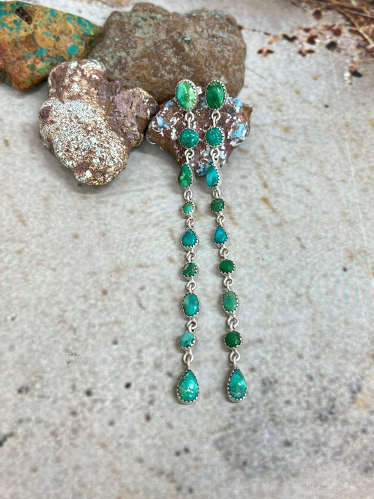 Handmade Sterling Silver Emerald Valley Post Dangle Earrings with Signed Nizhoni