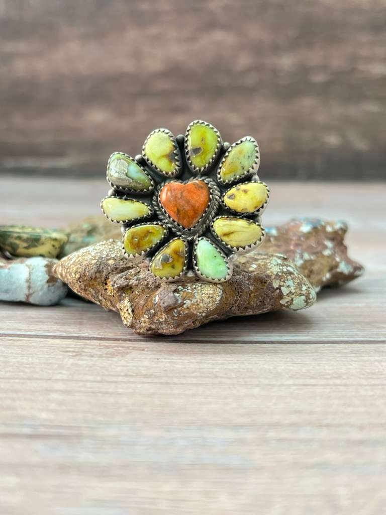 Handmade Sterling Silver Apple Coral and Palomino Adjustable Ring "Signed Nizhoni"