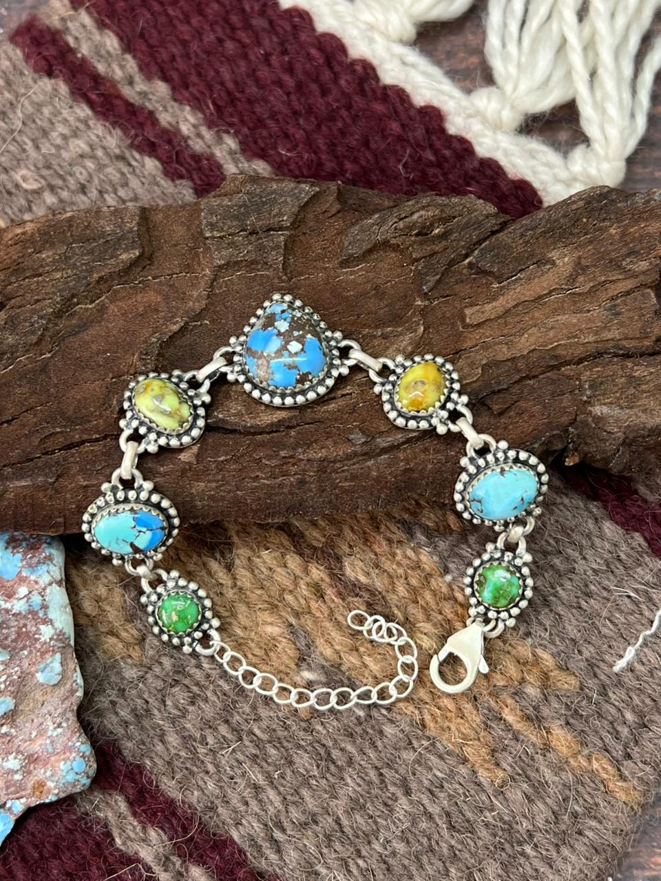 Handmade Sterling Silver Palomino with Golden Hills and Sonoran Turquoise Chain Bracelet "Signed Nizhoni"