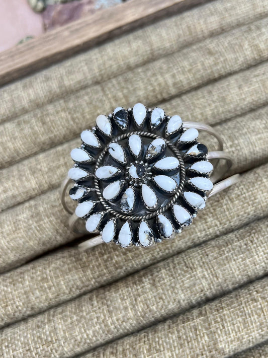 Handmade Sterling Silver White Buffalo Turquoise Cuff Bracelet with Signed Nizhoni
