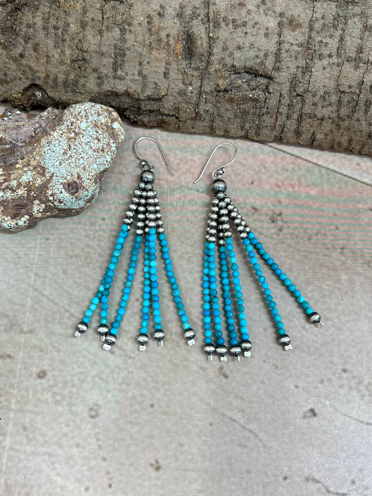 Handmade Sterling Silver Kingman Turquoise Beaded Hook Earrings with Signed Nizhoni