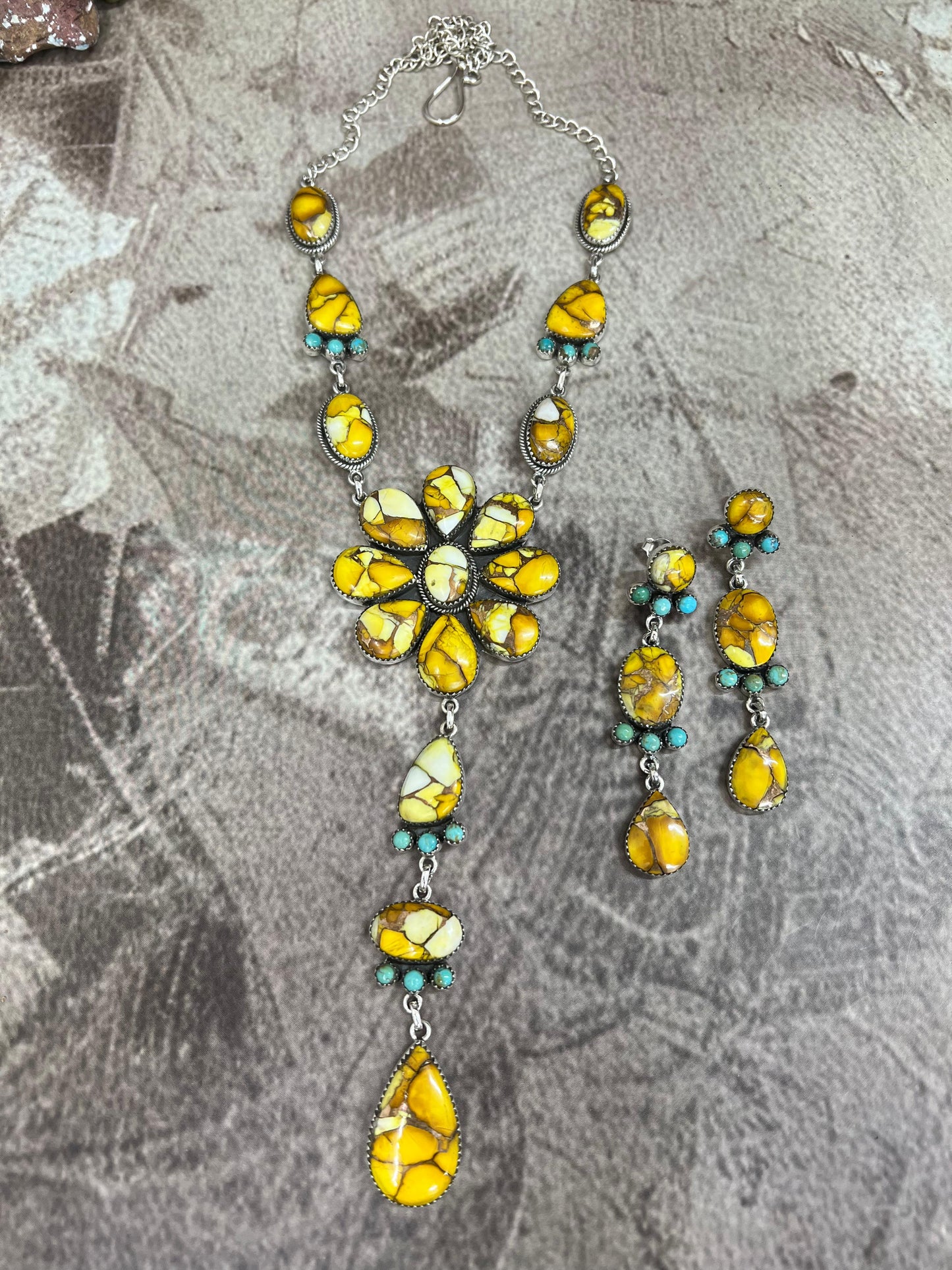 Handmade Sterling Silver Honey Dahlia with Kingman Turquoise Necklace Earrings Set, Signed Nizhoni