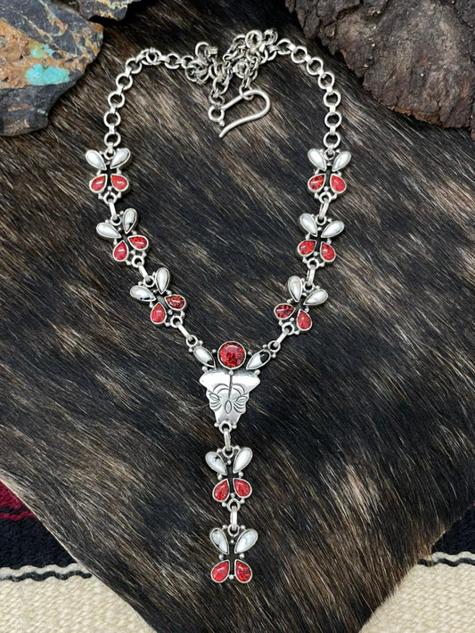 Handmade Sterling Silver White Buffalo with Red Opal Necklace "Signed Nizhoni"