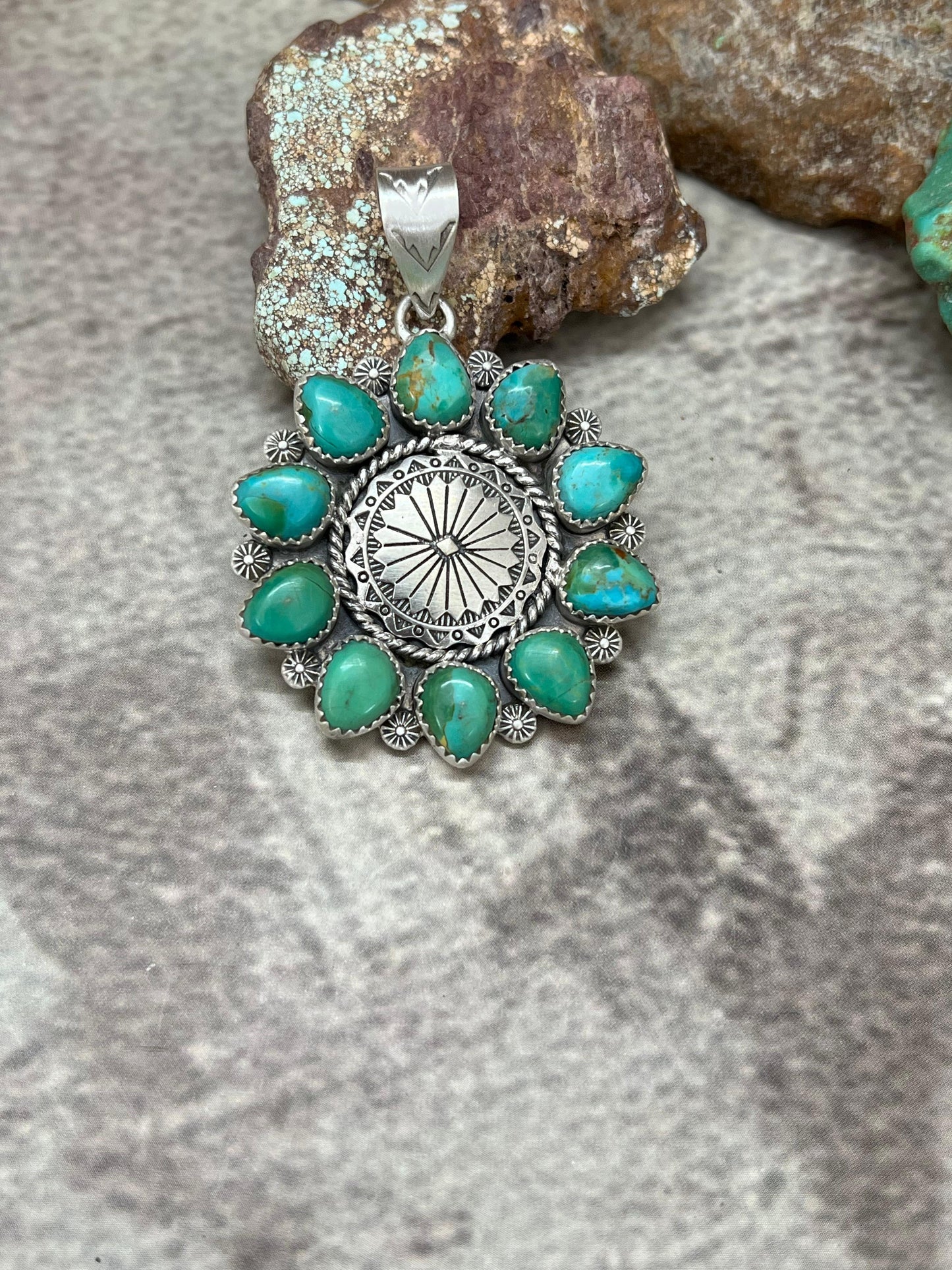Handmade Sterling Silver Kingman Turquoise Pendant with Signed Nizhoni
