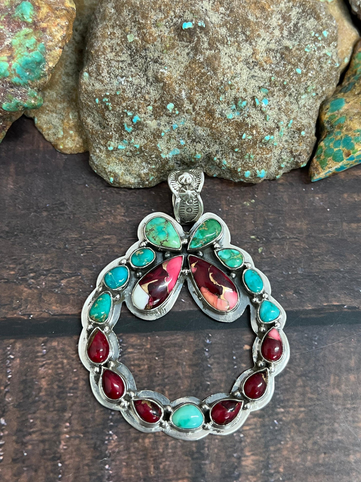 Handmade Sterling Silver Dahlia Rose with Emerald Valley Pendant, Signed Nizhoni
