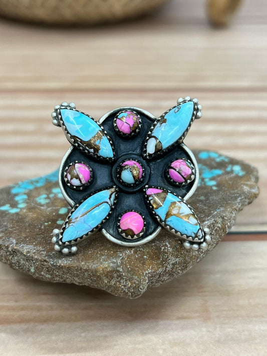 Handmade Sterling Silver Cotton Candy Turquoise Adjustable Ring with Signed Nizhoni