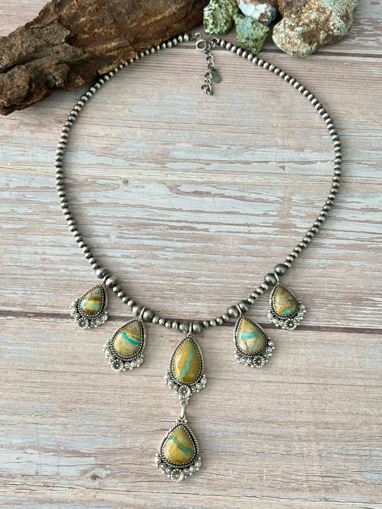 Handmade Sterling Silver Royston Ribbon Turquoise Beaded Necklace with Signed Nizhoni