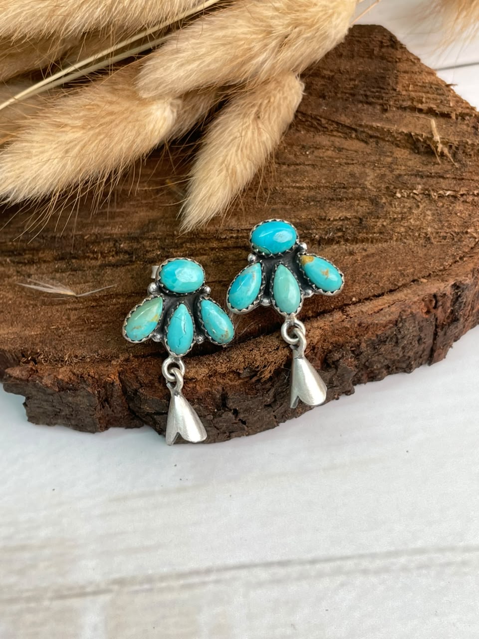 Handmade Sterling Silver Kingman Turquoise Post Studs Squash Blossom Earrings Signed Nizhoni