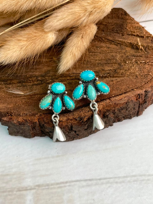 Handmade Sterling Silver Kingman Turquoise Post Studs Squash Blossom Earrings Signed Nizhoni