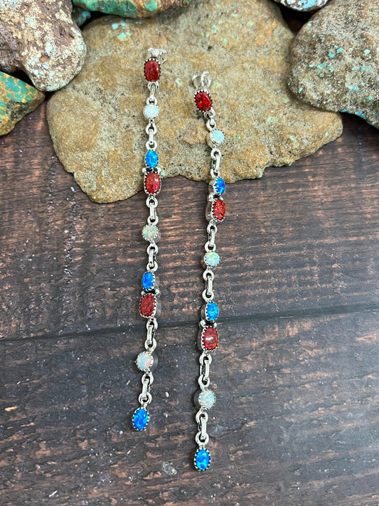 ** 4TH OF JULY ** Handmade Sterling Silver Synthetic Opal Post Earrings with Signed Nizhoni