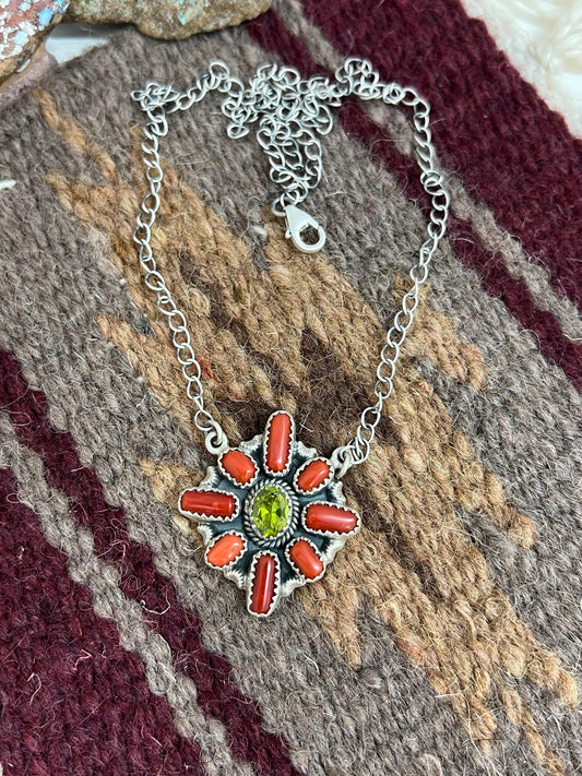 Christmas Collection Handmade Sterling Silver Coral with Peridot Necklace with Signed Nizhoni