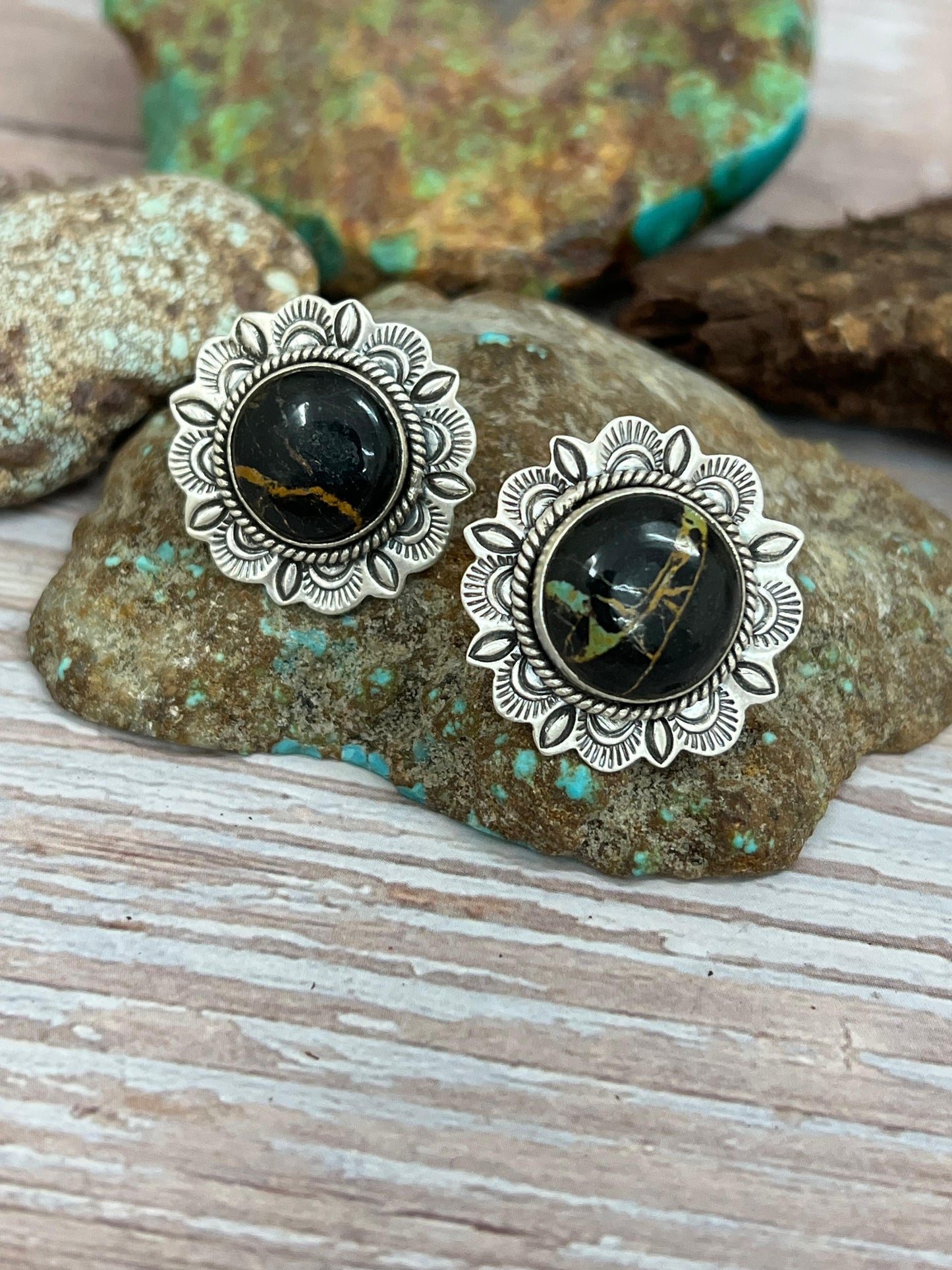 Handmade Sterling Silver Blackjack Turquoise Post Studs with Signed Nizhoni