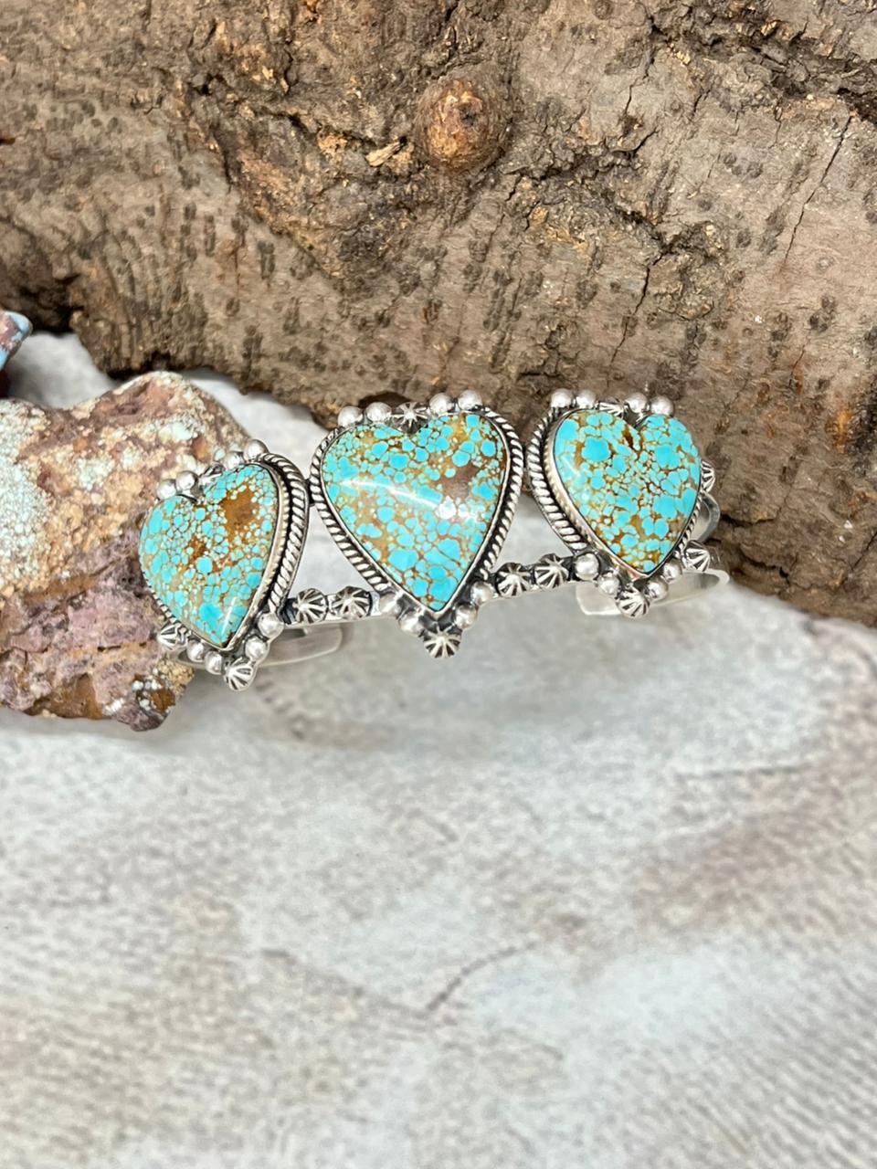 Handmade Sterling Silver Number 8 Turquoise Heart Cuff Bracelet with Signed Nizhoni
