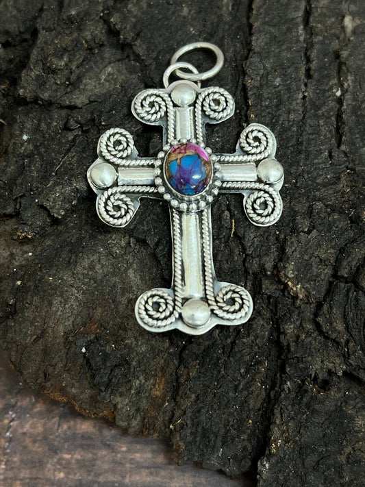Handmade Sterling Silver Pink Dahlia Cross Pendant with Signed Nizhoni (4)
